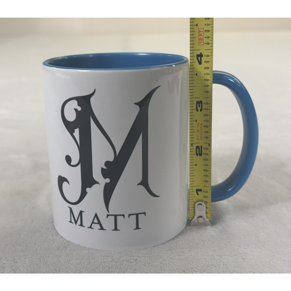 Personalized "M" Matt Coffee Mug Ceramic Cup 11oz Blue Interior Blk Letters - Picture 9 of 11